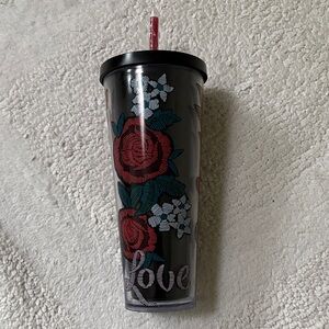 Black Tumbler with Floral Design and Straw